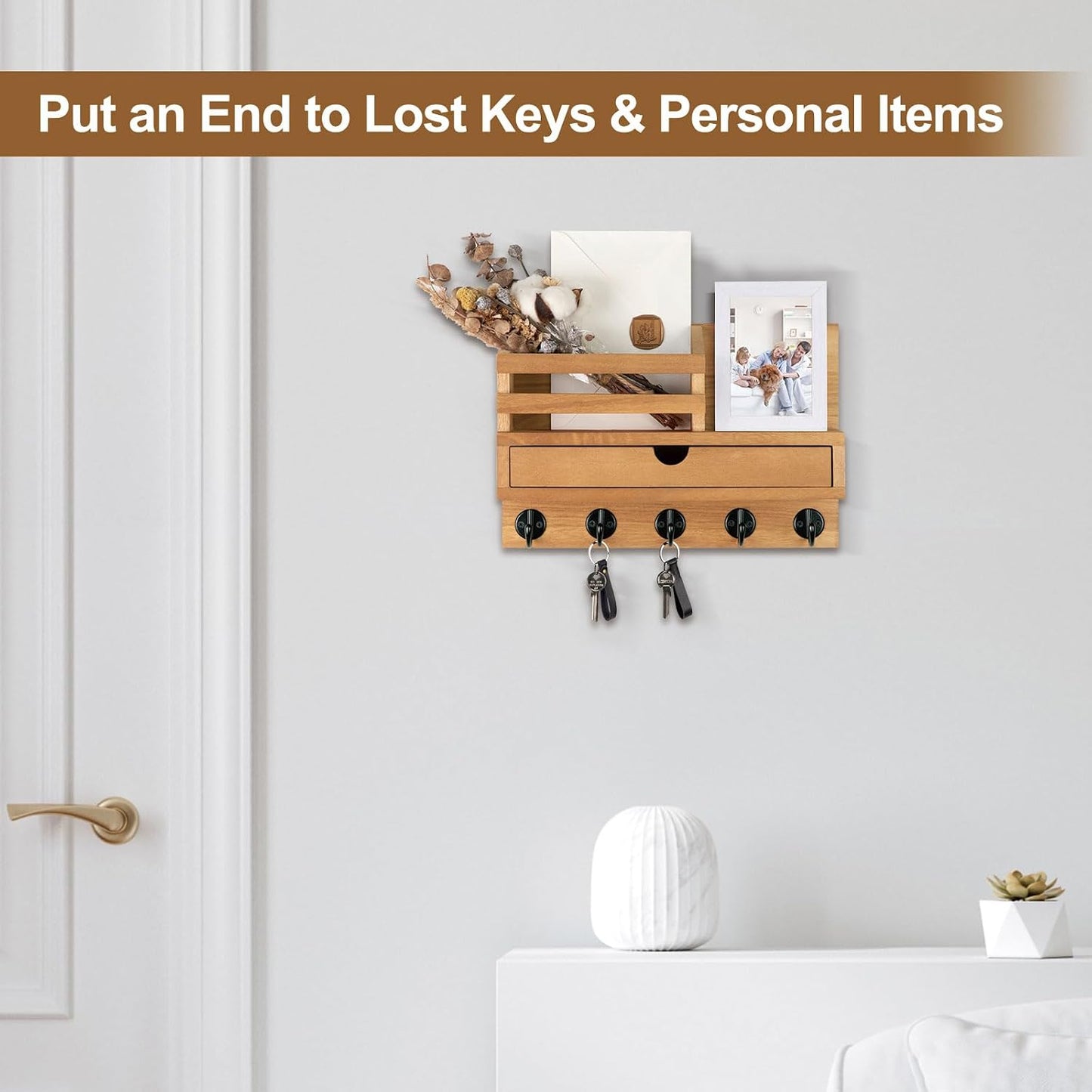 Key Holder Wall Mount, Mail Holder with Storage Drawer and 5 Key Hooks for Coat, Dog Leash, Home Decor Rack, House Accessories, Entry Way Organizer
