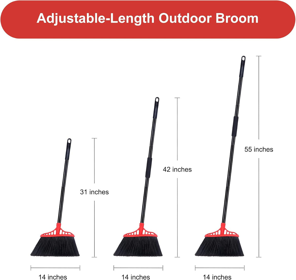 Tiumso Heavy Duty Angle Broom - 55" Adjustable Iron Handle with Stiff Bristles - Commercial-Grade Indoor/Outdoor Broom for Garage, Patio, Kitchen, Sidewalk & Concrete Cleaning (Black & Red)