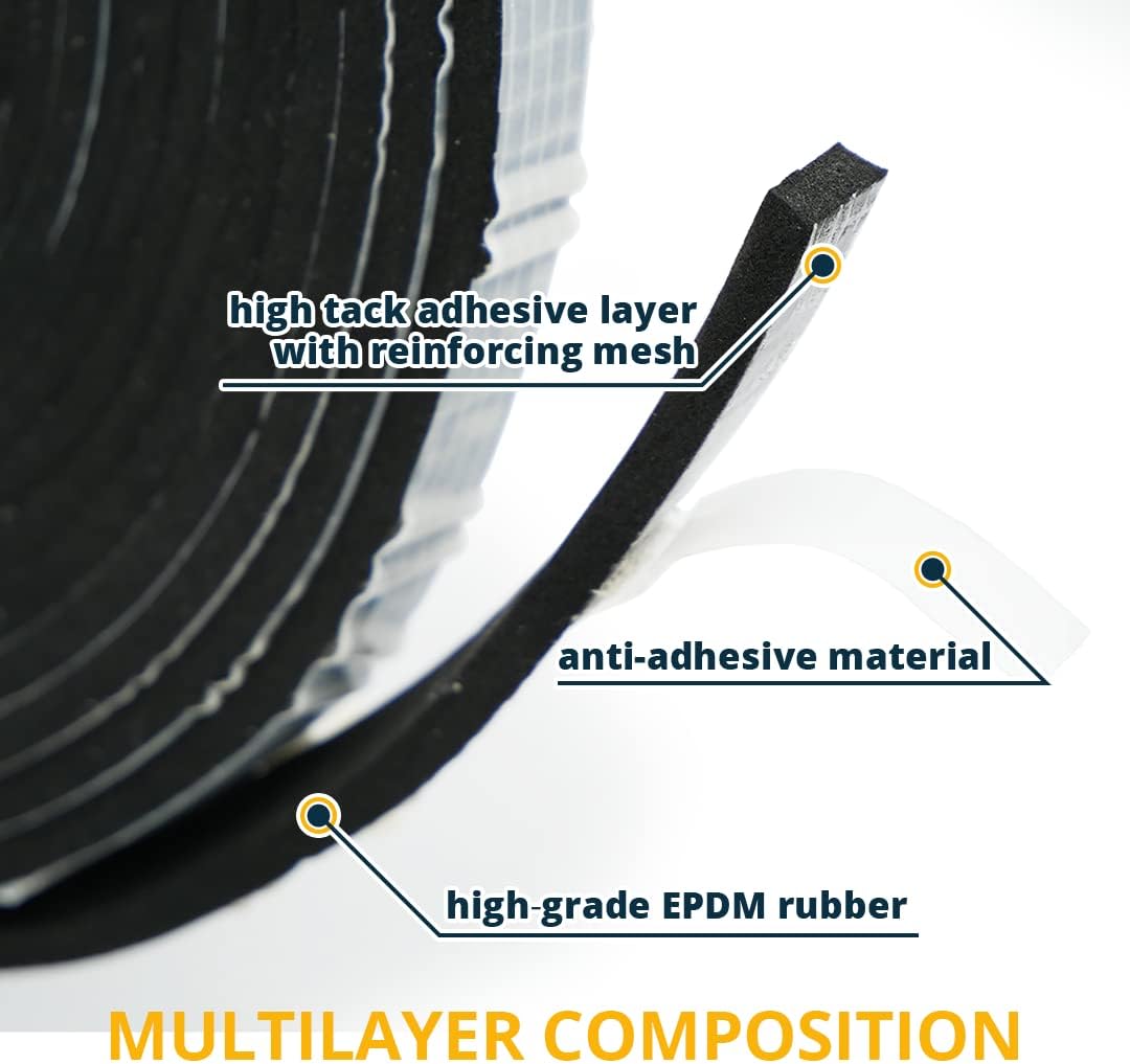 Alenor EPDM Black Foam Insulation Tape Self Adhesive 1/8"x1" x 50' Ft –Pack of 1- Weather Stripping for Doors & Windows,Soundproofing,Door Seal,Weatherstrip,Pipe Cooling,Air Conditioning Seal Strip