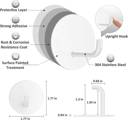 VIS'V Adhesive Hooks, Shower Wall Stick on Hooks, Round, White, 4 Pcs | Metal Material, Compact Design, Peel and Stick, 2 Extra Adhesive Strips, for Bathroom Kitchen Livingroom Office RV