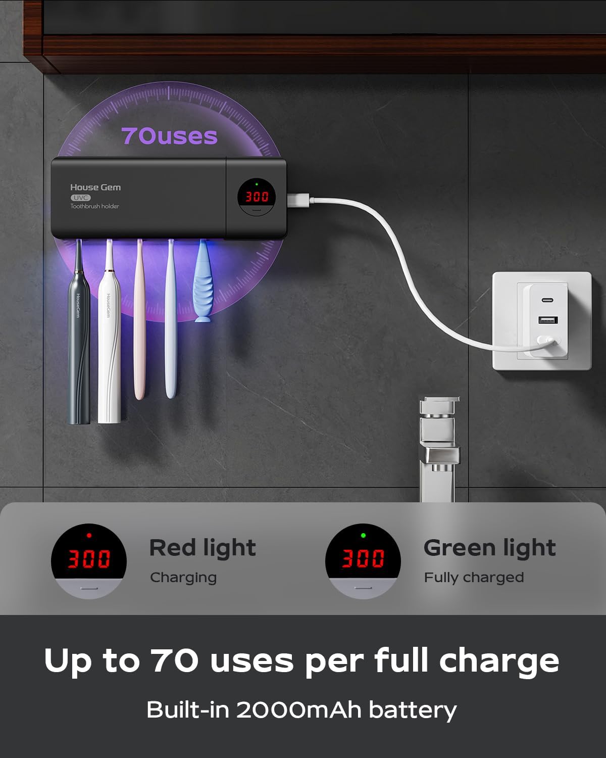 HouseGem Toothbrush Holder, Timer Function, 2000mAh Rechargeable Cordless Wall-Mounted Bathroom (White)