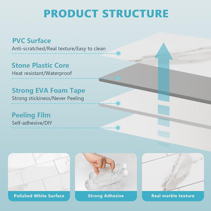 Vamos Tile 100-Piece Glossy Dolomite White Peel and Stick Backsplash Tile,3''x6'' PVC Subway Tile with White Grout, Stick on Backsplash for Kitchen/Bathroom/Fireplace