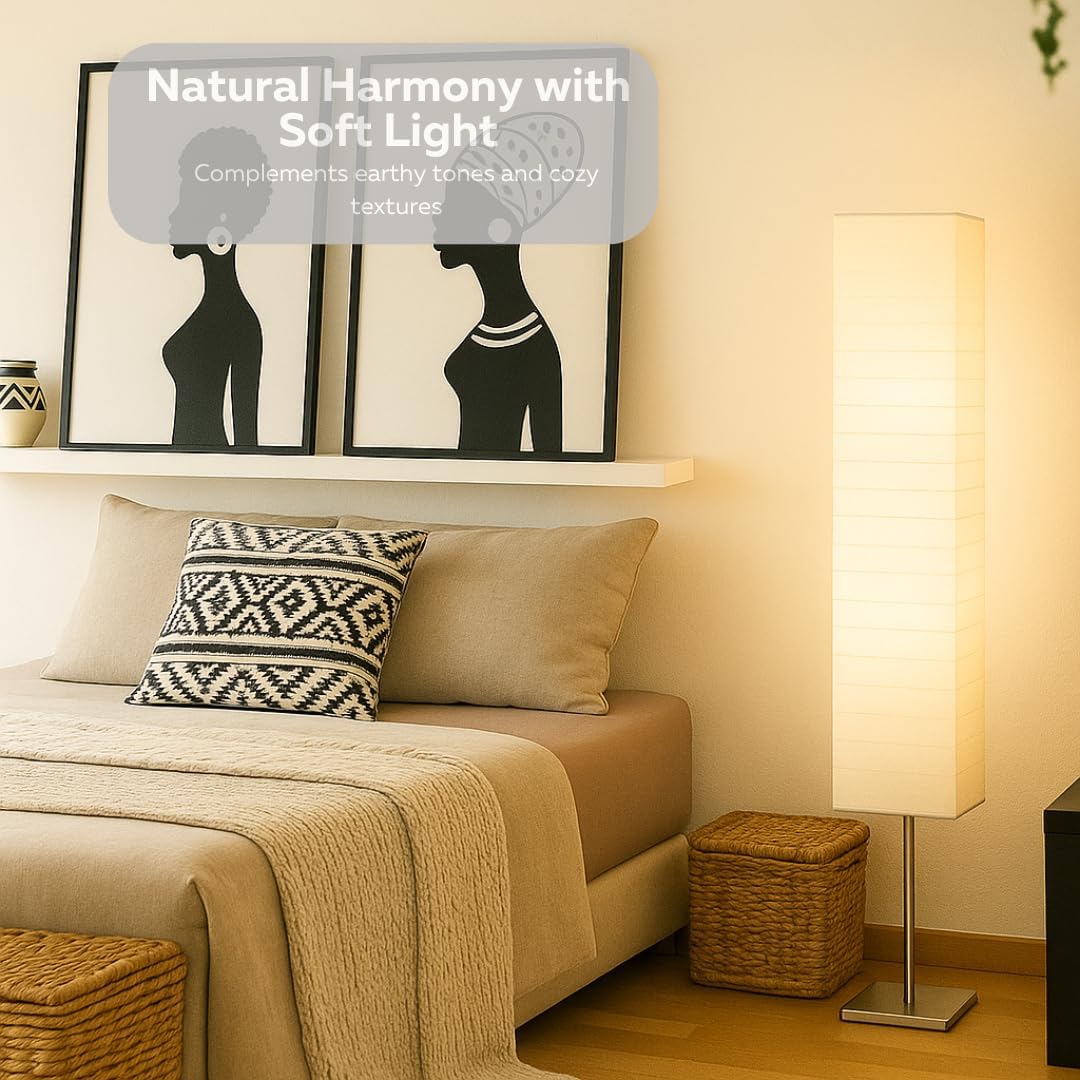 LIGHTACCENTS Rice Paper Floor Lamp Set of 2 Modern Standing Lamps with Chrome Base & White Paper Shades Ambient Lighting for Living Room, Bedroom, and Apartment Decor