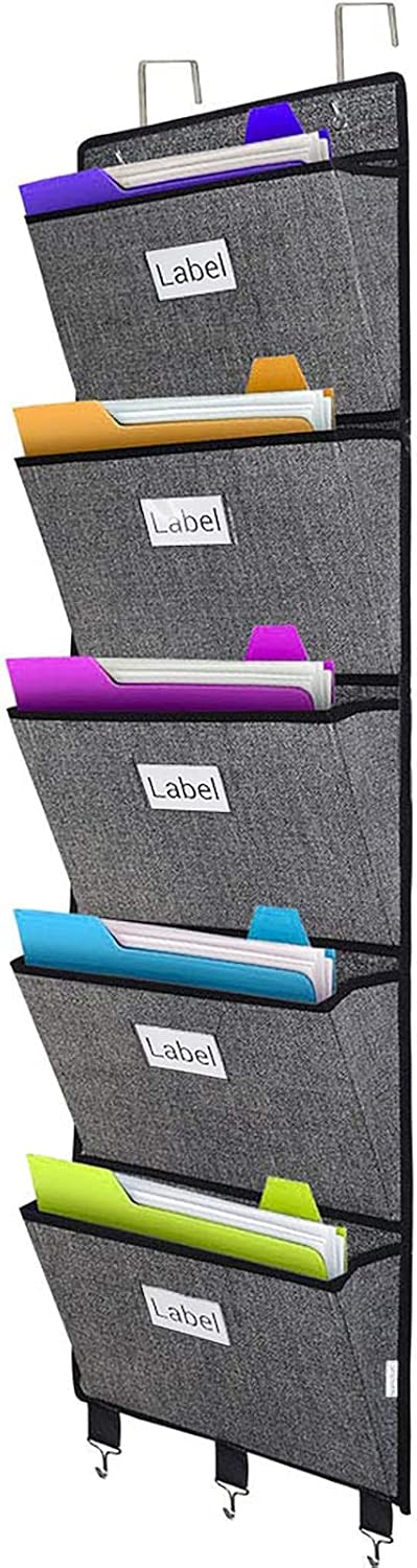 homyfort Over the Door File Organizer, Wall Hanging File Folders with 5 Large Pocket for Mails, Magazines, Back to School Supplies,Office Chart Storage, Paper Organization (Grey)
