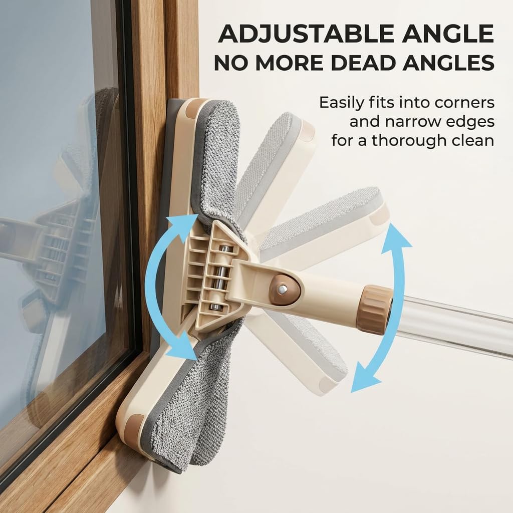 Double Sided Window Screen Cleaning Brush with Built in Crevice Brush Long Handle Detachable Squeegee Glass Scraper for Windows Screens (Khaki)