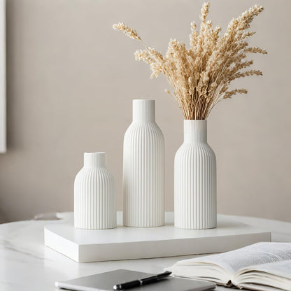 Modern Ceramic Vases Set of 3, Coffee Table Ribbed Decorative Vases, Shelf Table Centerpiece for Home Decor (Coffee Mix)