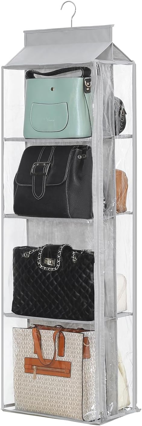 8 Grids in 1 Pack Hanging Purse Handbag Organizer with Double Zippers, Visible Purse Organizer for Closet, Fully Enclosed Purse Storage Holder-Black