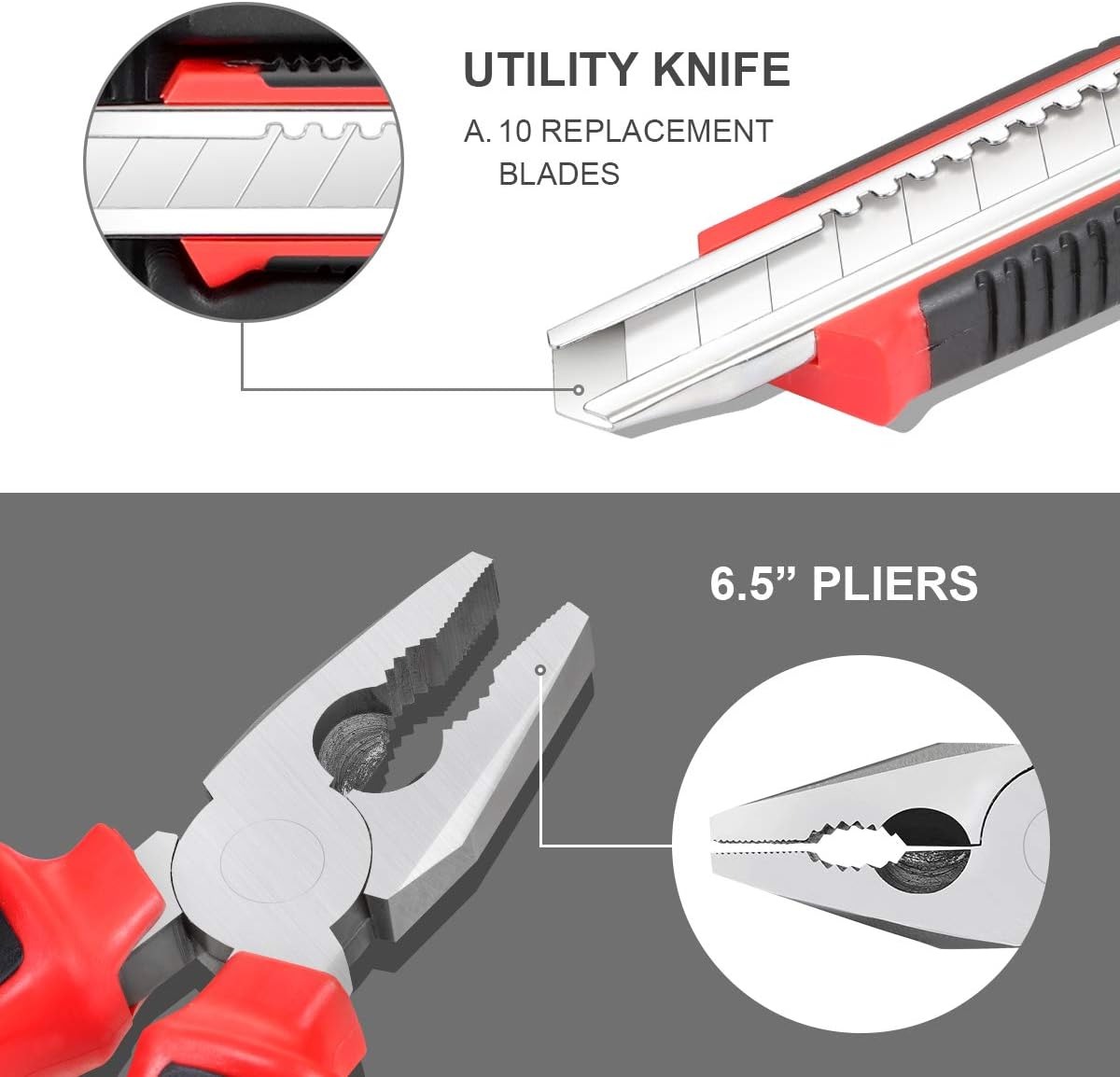 DNA MOTORING Red 46 PCs Home Tool Set Electonic Repair Precision Screwdriver Voltage Tester Hammer Plier DIY Kit (TOOLS-00011)