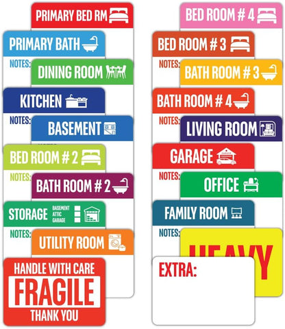 IGNIXIA Color Coded Moving Box Labels, 3x2 Inch, 20 Designs for Rooms, Writable Notes Area, Fragile, Heavy, and Blank Stickers Included