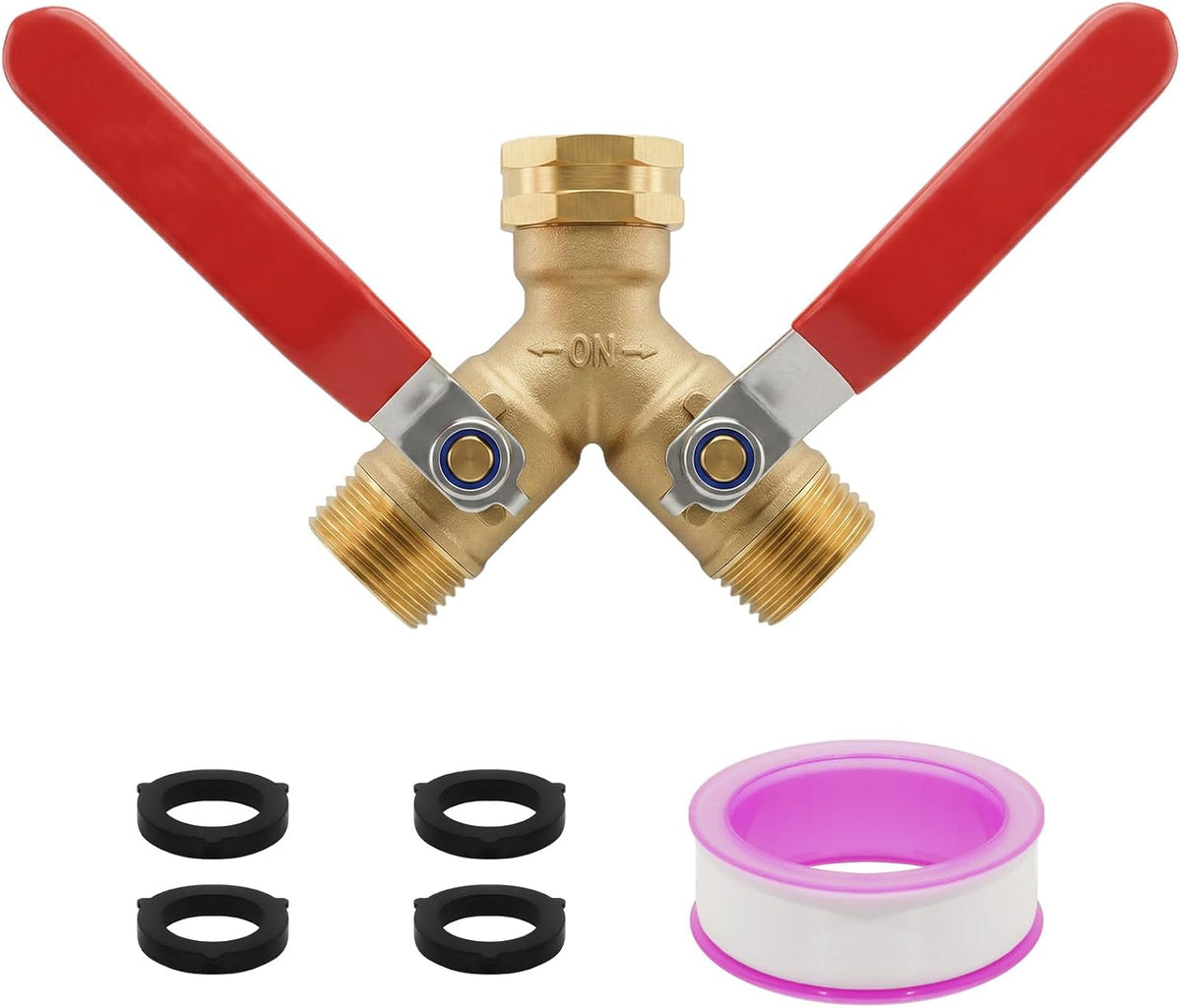 Garden Hose Splitter 2 Way, Heavy Duty Brass Y Valve Water Hose Splitter With Stainless Steel Long Handle Outdoor Full Flow Hose Splitter Connector,Y Valve 3/4 Inch GHT Thread