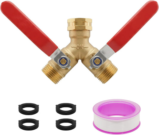 Garden Hose Splitter 2 Way, Heavy Duty Brass Y Valve Water Hose Splitter With Stainless Steel Long Handle Outdoor Full Flow Hose Splitter Connector,Y Valve 3/4 Inch GHT Thread