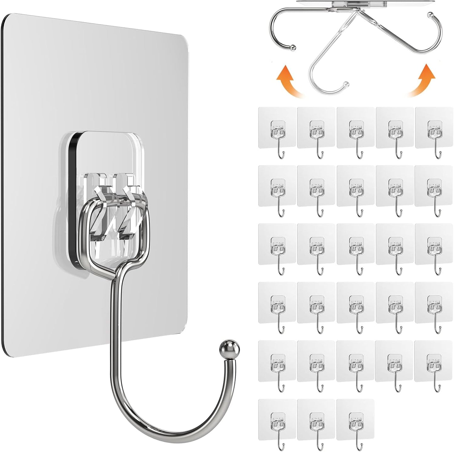 10 Pack Large Adhesive Hooks, Wall Hooks for Hanging Heavy Duty 22Ib(Max), Clear and Removable Strong Sticky Hooks, Waterproof and Rustproof Multiple Uses for Bathroom Kitchen Office