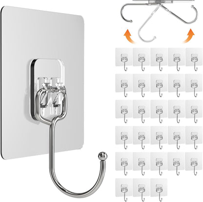 10 Pack Large Adhesive Hooks, Wall Hooks for Hanging Heavy Duty 22Ib(Max), Clear and Removable Strong Sticky Hooks, Waterproof and Rustproof Multiple Uses for Bathroom Kitchen Office