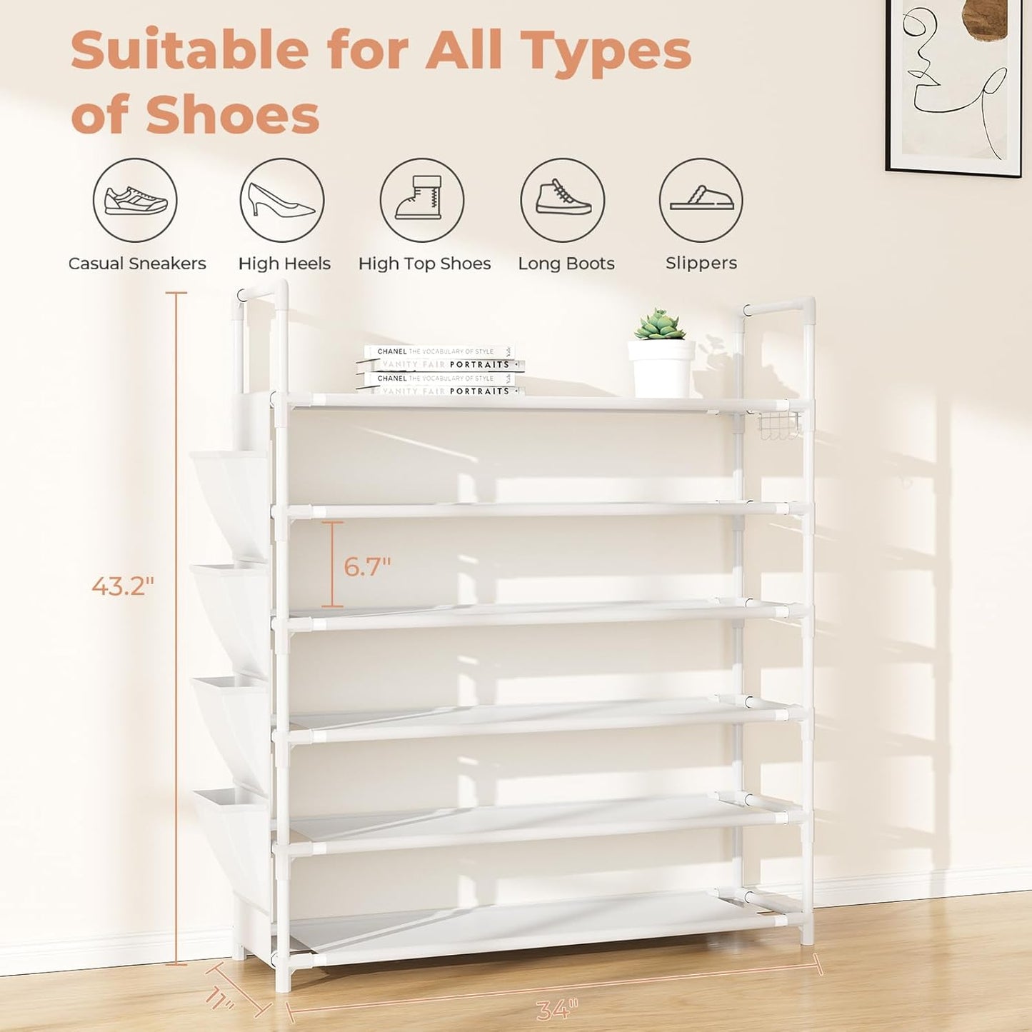 LANTEFUL 6 Tier Shoe Rack Storage for 24-30 Pairs Shoe and Boot, Shoe Organizer with Hook and Side Pocket Free Standing Long Shoe Shelf Tall Shoe Rack Organizer for Closet, Entryway, Dorm, White