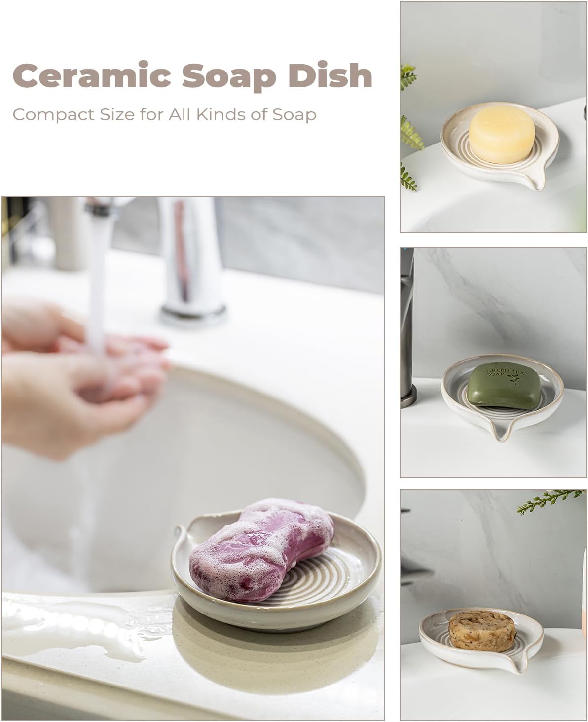 Self Draining Soap Dish, Ceramic Drain Soap Holder Waterfall Design Soap Saver for Shower, Bathroom, Sink, Kitchen and Countertop, Keeps Dry, Green