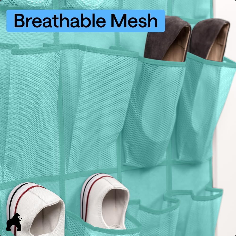 GORILLA GRIP Over the Door Shoe Organizer, 24 Large Breathable Mesh Pockets, Space Saving Hanging Storage Holder, Closet Rack Hanger Holds Up to 40 lbs, Hangs on Closets for Shoes, Accessories, Grey