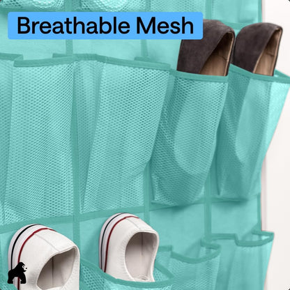 GORILLA GRIP Over the Door Shoe Organizer, 24 Large Breathable Mesh Pockets, Space Saving Hanging Storage Holder, Closet Rack Hanger Holds Up to 40 lbs, Hangs on Closets for Shoes, Accessories, Grey