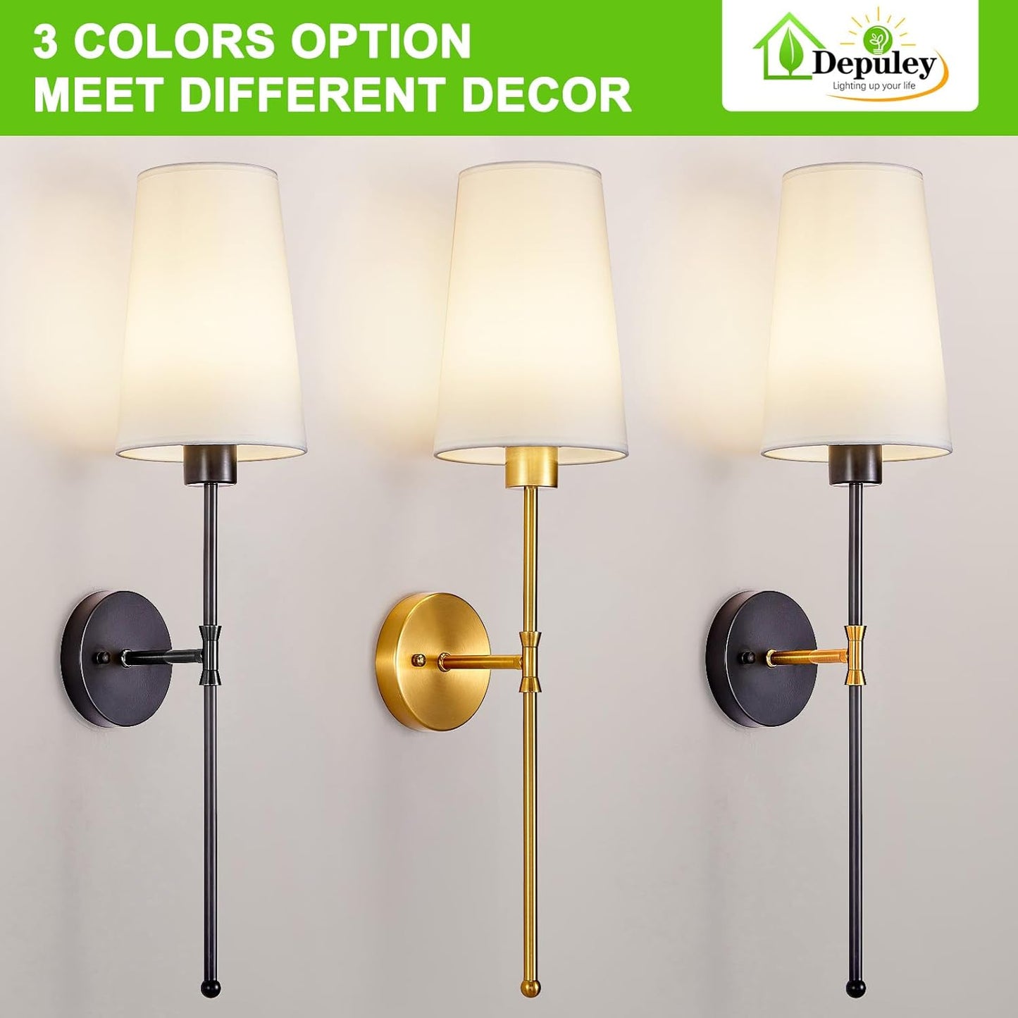 Depuley Battery Operated Wall Sconce: Set of 2 Wireless Wall Lights with 10000mAh Dimmable Bulbs and Remote for Bedroom - Rechargeable 15 Colors Gold Wall Lamp for Living Room Hallway