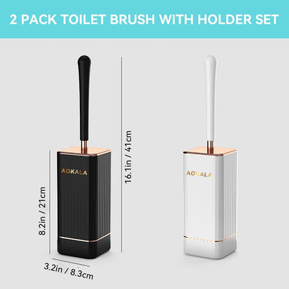 Toilet Brush and Holder, Elegant 2 Pack Silicone Toilet Bowl Brush Set with Ergonomic Long Handle, Modern Bathroom Decor Cleaning Accessories, Durable, Deep Cleaning - Black & White
