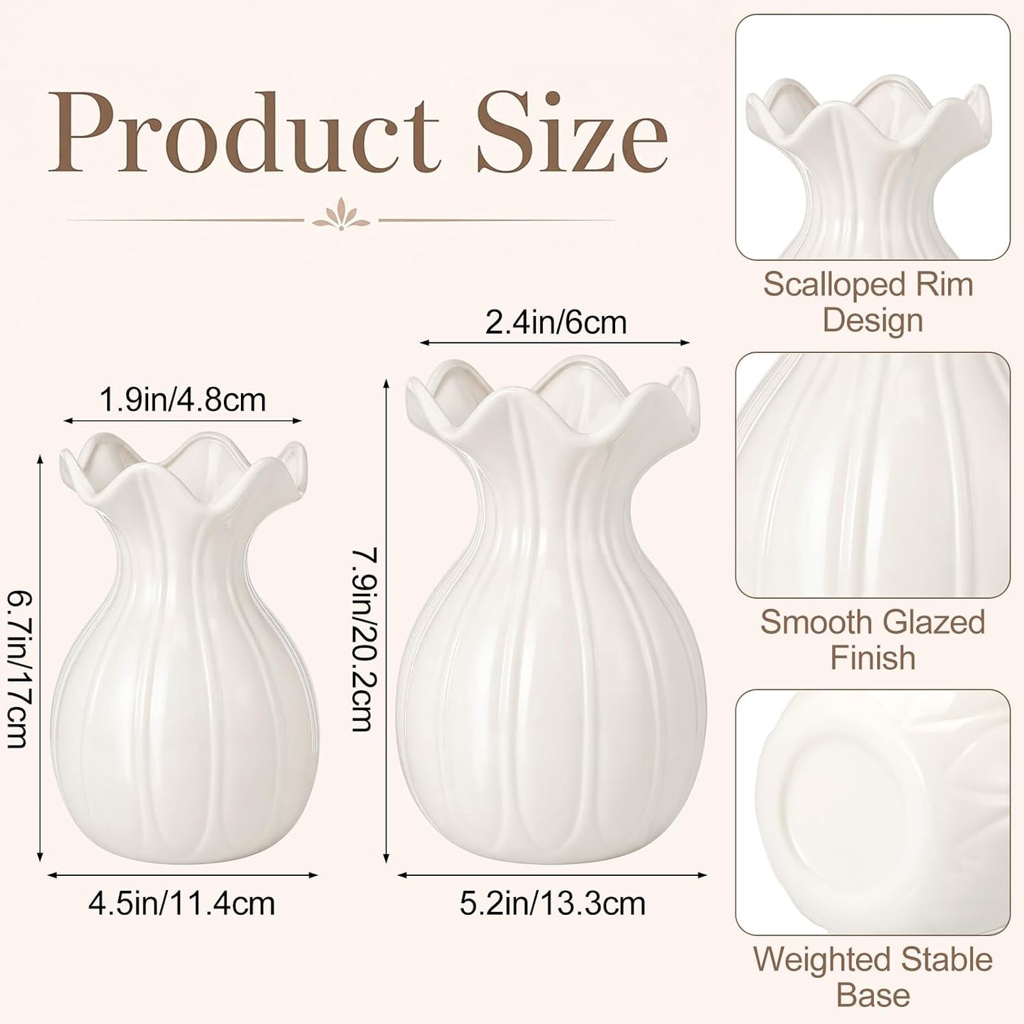 3 Pack White Ceramic Vase Set Small Rustic Decorative Vases Home Decor Wavy Edge Modern Flower Vases for Farmhouse Table Centerpiece Living Room Kitchen Bedroom (5.7,6.7,7.9in,Elegant)