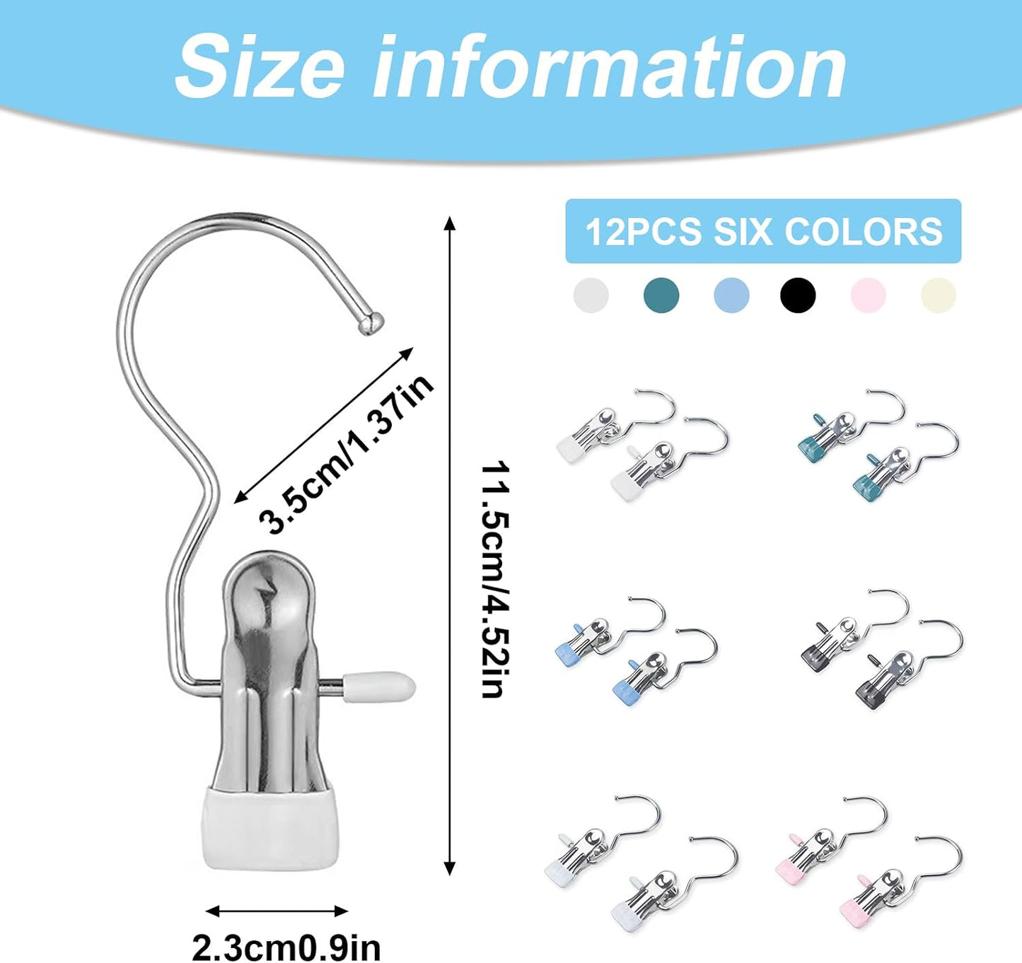 12PCS Clips for Hangers, Clothes Pins for Towels Belts, Mixed | 360° swivel hook; rubber coated grip; for beach chairs closet boots bags; travel laundry use