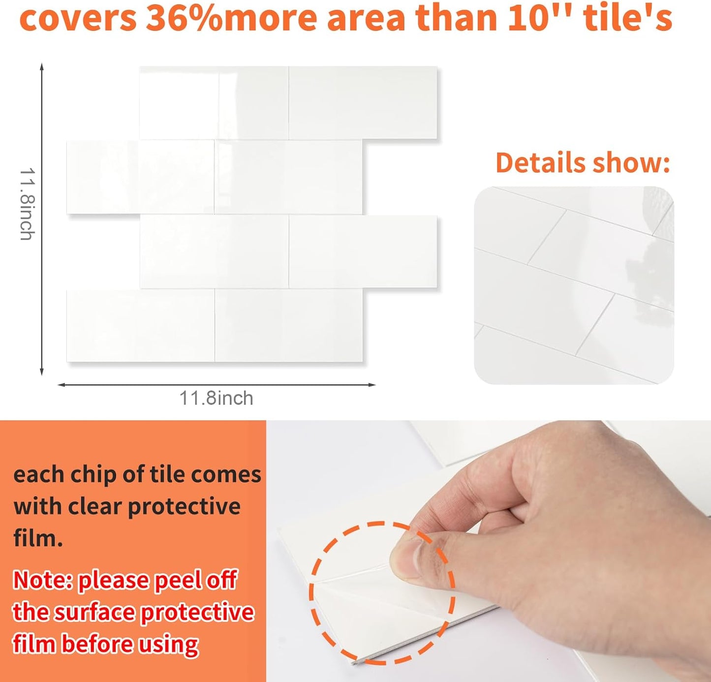 10- Sheet Polished White Peel and Stick Backsplash, 12’’Luxury PVC Ceramic Look Self Stick Subway Tiles, Waterproof Peel and Stick Wall Tiles for Kitchen and Bathrrom