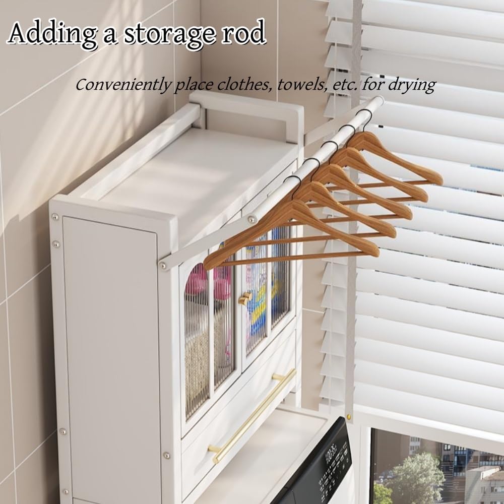 Above Washing Machine Shelf with with Flip-Top Door, Multi-Story Floor Laundry Room Storage Rack with Drying Rod and 4 Hooks for Laundry Room(White)