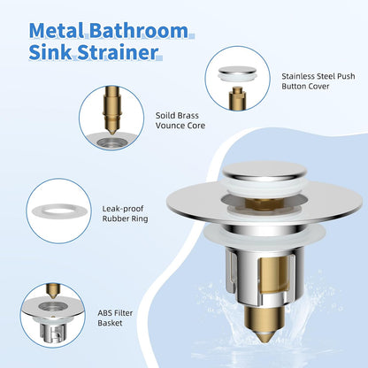 iFealClear Metal Universal Bathroom Sink Stopper, Upgraded Stainless Steel Sink Drain Strainer for 1.1''~2.36" Basin Pop Up Drain Strainer, Anti-Clogging Filter Basket, Brushed Nickel