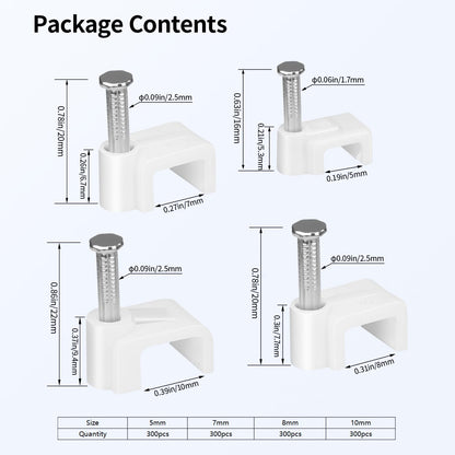 LeMotech Cable Clips, 1000pcs 8mm Wire Wall Clips with Steel Nails, Coaxial Nail Clamps for Cable Cord Management RG6 RG59 CAT5e CAT6 RJ45 Ethernet Cable Clamps, White