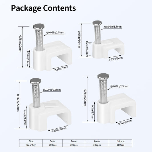 LeMotech Cable Clips, 1000pcs 8mm Wire Wall Clips with Steel Nails, Coaxial Nail Clamps for Cable Cord Management RG6 RG59 CAT5e CAT6 RJ45 Ethernet Cable Clamps, White