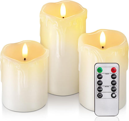 Homemory Dripping Wax Flameless Candles, Battery Operated Candles with Remote Control and Timers, LED Pillar Candles, Electric Fake Candles, 3" x 6", Set of 2