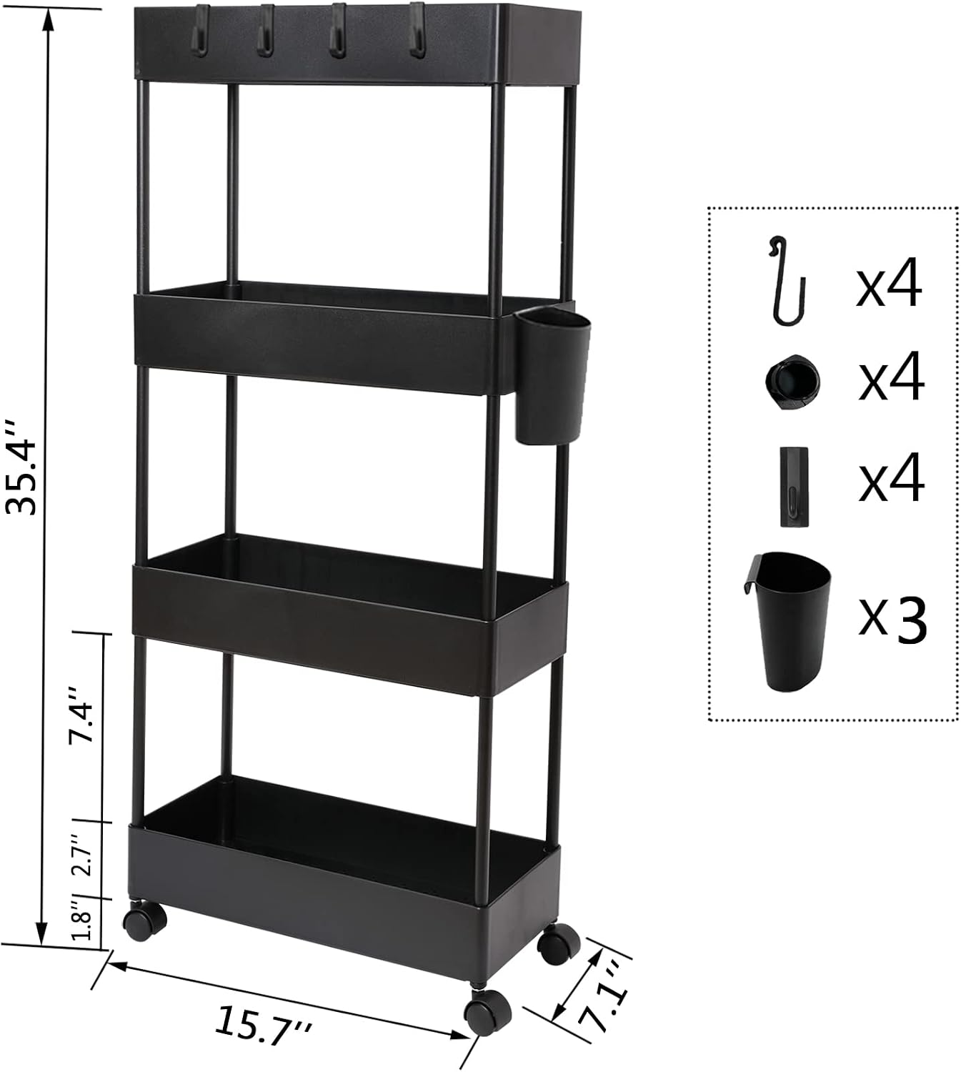 4 Tier Slim Rolling Utility Kitchen Cart Bathroom Organizer for Narrow Places Multipurpose Storage Shelve Mobile Trolley for Bedroom Laundry Office Restaurant Garage Pantry (Black)