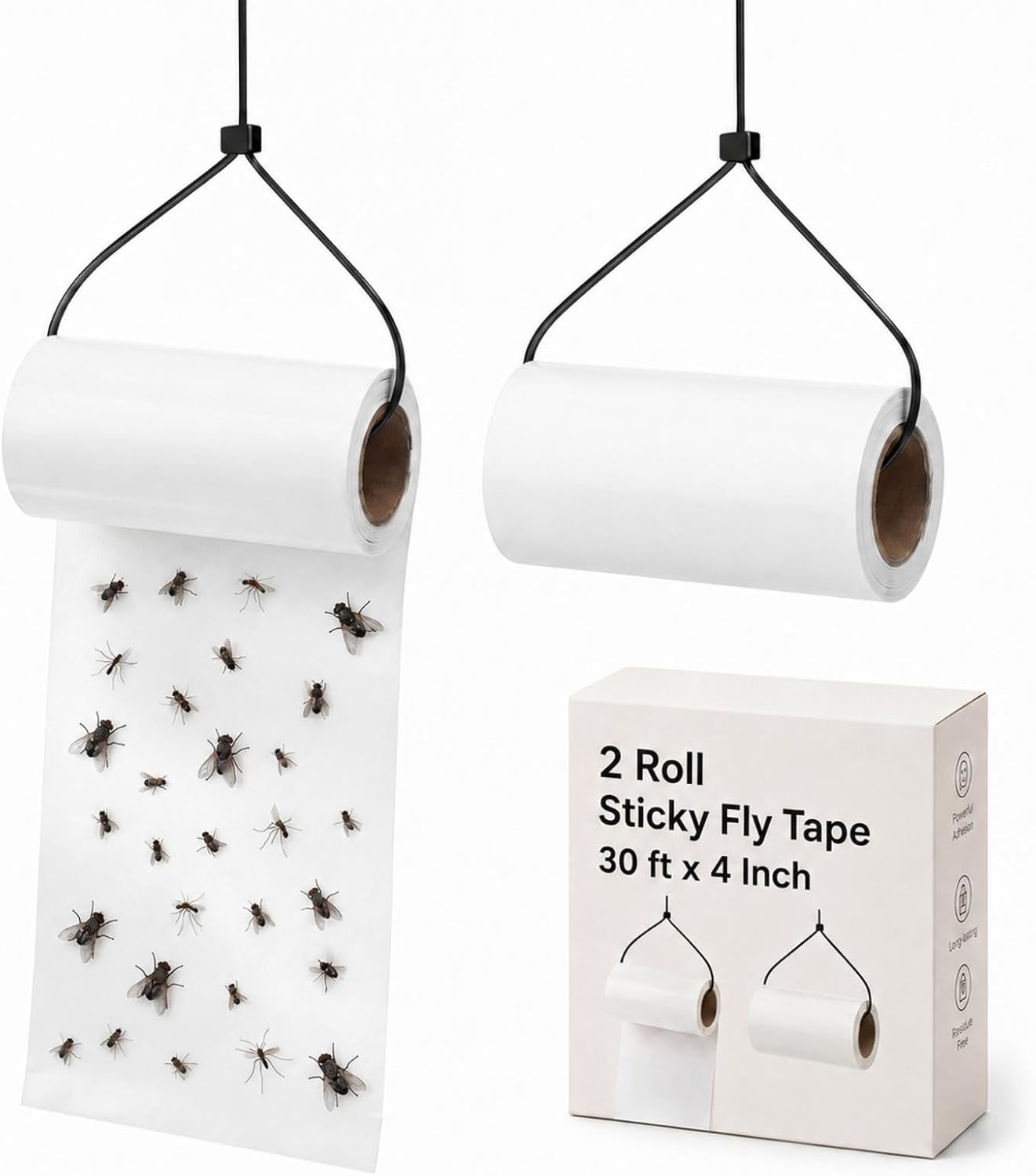 2 Roll Sticky Fly Tape 30 ft x 4 Inch Each Roll Hanging White Fly Paper with Strip Indoor Outdoor Non Toxic Fruit Gnat Killer for Kitchen, Restaurant, Garage, Patio, Horse Stable, Pet Areas