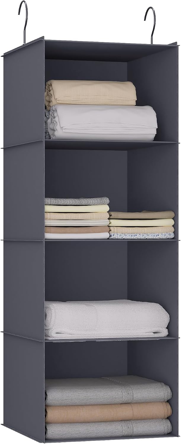 Hanging Closet Organizer 3-Shelf, Oxford Fabric Wardrobe Storage, Gray | Easy-mount foldable design holds clothes, handbags, shoes & accessories; washable Oxford fabric, sturdy and space-saving.