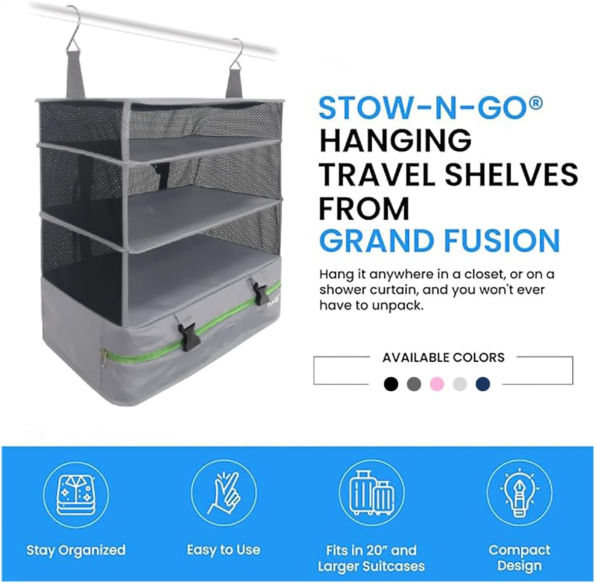 Grand Fusion Stow-N-Go Hanging Travel Shelves, Packing Organizer for Luggage. Carry on Closet for Suitcase. Expandable Packing Cube. Travel Essentials. (Black - L, L = (L) 11.8" x (W) 11.8")