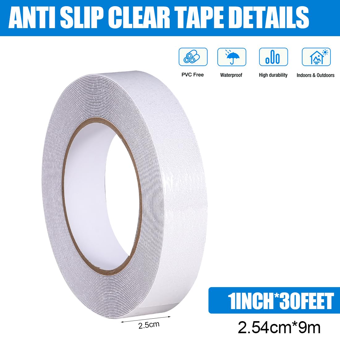 Anti Slip Tape Clear 1" x 30Ft Non-Slip Stair Treads Tape Grip Tape Outdoor Indoor Waterproof Friction Tapes for Bathtubs Wooden Steps