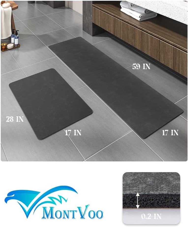 MontVoo -Bath Mat-Rubber Backing Non SlipThin Bathroom Rugs Fit Under Door- Quick Dry Absorbent Faux Suede Surface Grey Bathroom Floor Mats-Shower Rug for in Front of Bathtub Shower Gray 16x24