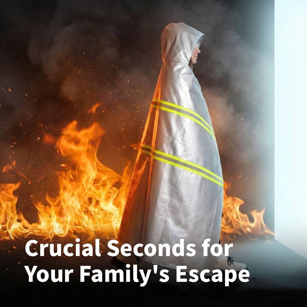 Emergency Fireproof Cloak with Hood – Silver Silicone Coated Fiberglass Fire Blanket, 59 x 63 Inches, Heat Resistant Safety Cover for Escape- fire Retardant Blanket - fire Extinguisher