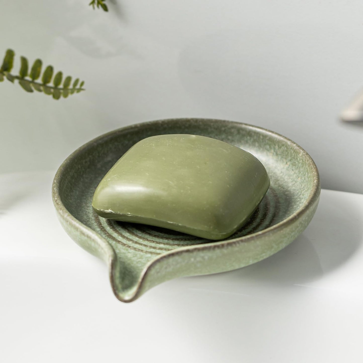 Self Draining Soap Dish, Ceramic Drain Soap Holder Waterfall Design Soap Saver for Shower, Bathroom, Sink, Kitchen and Countertop, Keeps Dry, Green