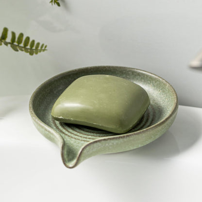 Self Draining Soap Dish, Ceramic Drain Soap Holder Waterfall Design Soap Saver for Shower, Bathroom, Sink, Kitchen and Countertop, Keeps Dry, Green
