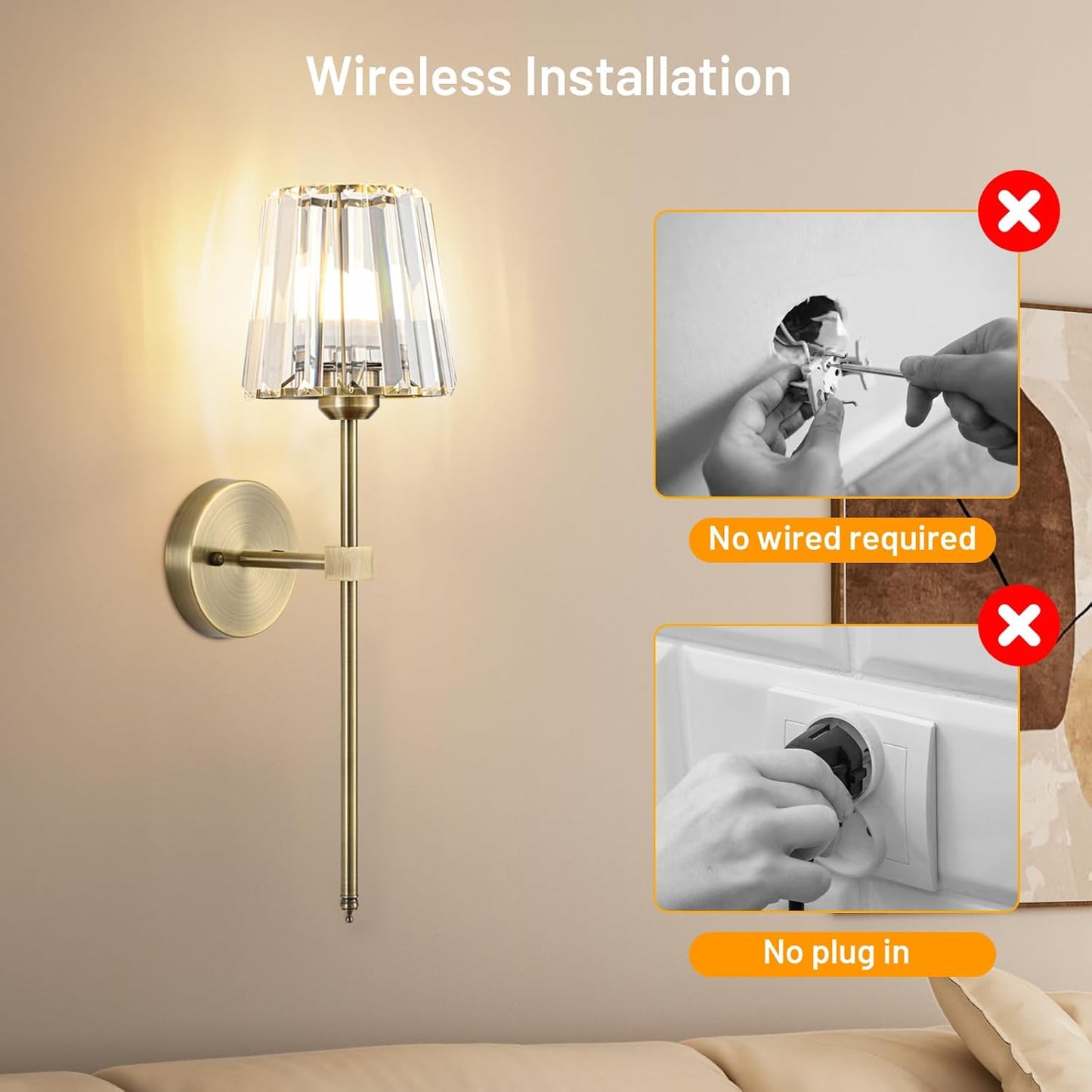 Crystal Battery Operated Wall Sconces Set of 2, Gold Rechargeable Wireless Wall Sconce Lights with Crystal Lampshade, 12 RGB and 3CCT Dimmable Wall Lamps with Remote for Bedroom Living Room Hallway