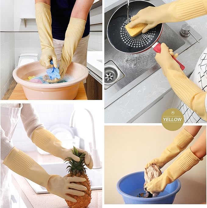3 Pairs Dishwashing Gloves, 15" Cuff Reusable Cleaning Gloves for Kitchen, Bathroom & Household Chores - Thick Flexible Latex-Free Rubber, Non-Slip Grip (Red/Yellow/Green, Large)