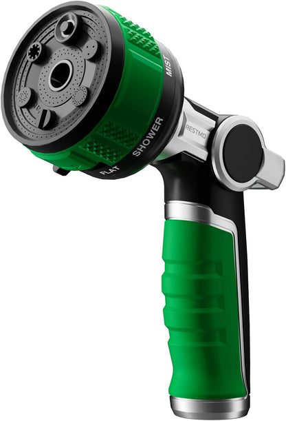 RESTMO Water Hose Nozzle Heavy Duty, Adjustable Garden Sprayer for Outdoor | 2-in-1 Twist Control, 9 Spray Patterns, Thumb ON/OFF Full Flow, Best for Plant & Lawn Watering, Car & Pet Cleaning, Green