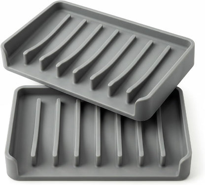 Bathway Silicone Soap Dishes for Shower, Self-Draining Bar Soap Holder Non-Slip Sink Organizer Tray for Sink, Bathroom & Kitchen, Keeps Bar Soap Dry& Dishwasher Safe, Black & Black (2 Pack)