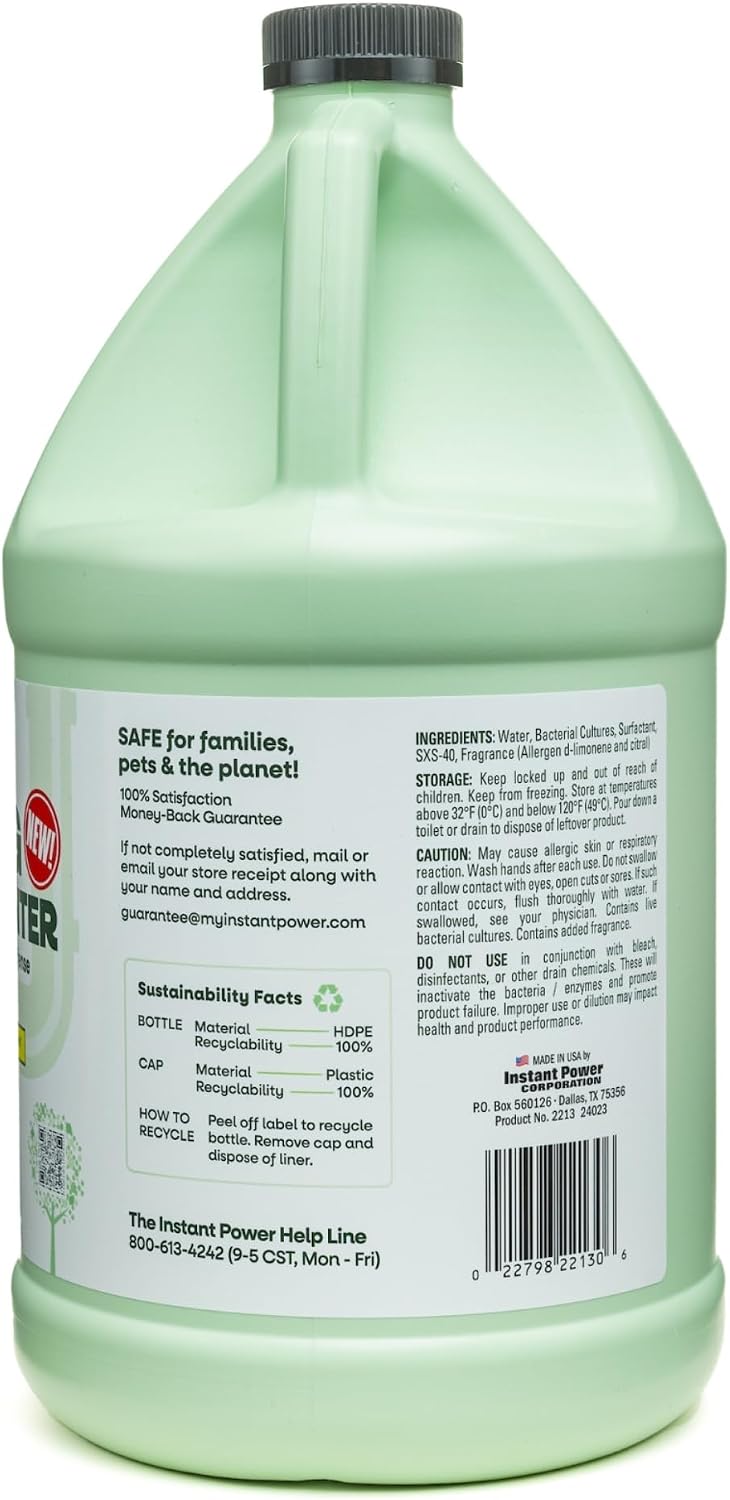 Instant Power Eco Clog Preventer - Enzyme Drain Cleaner Liquid and Deodorizer for Sink, Shower, Toilet, Garbage Disposal Cleaner, Bio-Based Drain Defense, Smell Remover and Odor Eliminator - 32 fl oz