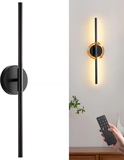 Battery Operated Wall Sconces Set of 2, Modern Wireless Wall Lights with Remote & Touch Control, 24 Inch Black Dimmable Rechargeable LED Sconce with 3 Colors & Timer for Bedroom, Living Room, Hallway