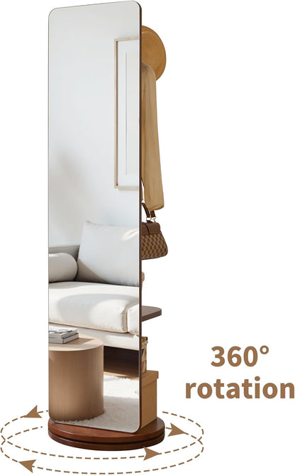 360° Swivel Full Length Mirror for Bedroom, 70" Floor Standing Mirror with Coat Rack & Hooks & Shelf, Solid Wood Frame, Space-Saving for Living Room, Closet, Entryway, Walnut