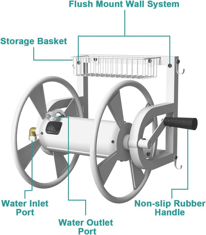 Artigarden Outdoor Wall Mounted Hose Reel with Hook, Garden Heavy-Duty Water Holder Winder with 3.9 ft Leader Hoses, Brass Fitting and Storage Basket for Yard, Holds 125 Ft of 5/8-Inch Hose, Black