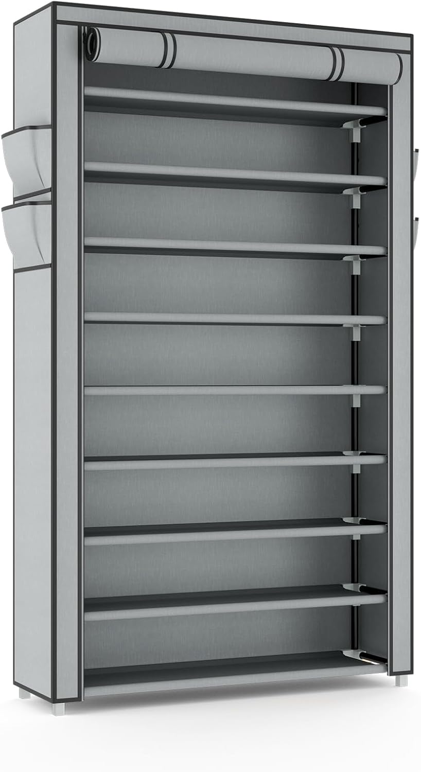 VILICK Shoe Rack with Cover Narrow Shoe Organizer with 4 Side Pockets 10 Tier Tall Shoe Storage Holds 18-22 Pairs Shoes and Boots Shoe Rack for Closet Entryway Garage