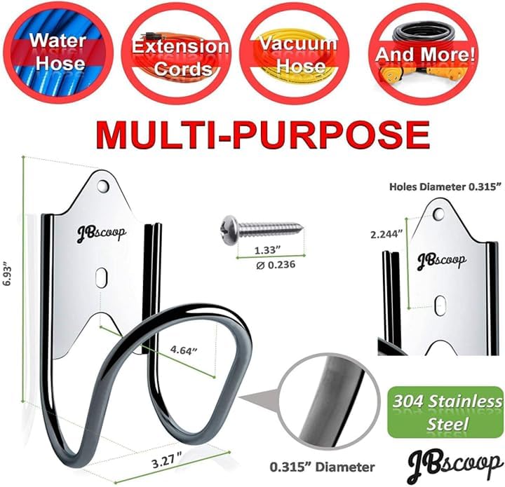 JBscoop Stainless Steel Garden Hose Hanger (Set of 2), for Garden Hose Holder, Rust Free Hose Holder Wall Mount, Heavy Duty Wall Mount Hose Hanger